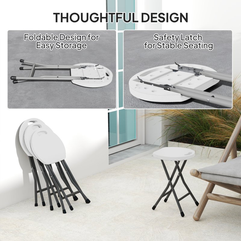 Outsunny Folding Stool Set of 4, Decorative Garden Stool Chair with Safety Latch, Foldable Garden Stools with Powder-Coated Steel Legs HDPE Seat and Handle for Indoor and Outdoor, White