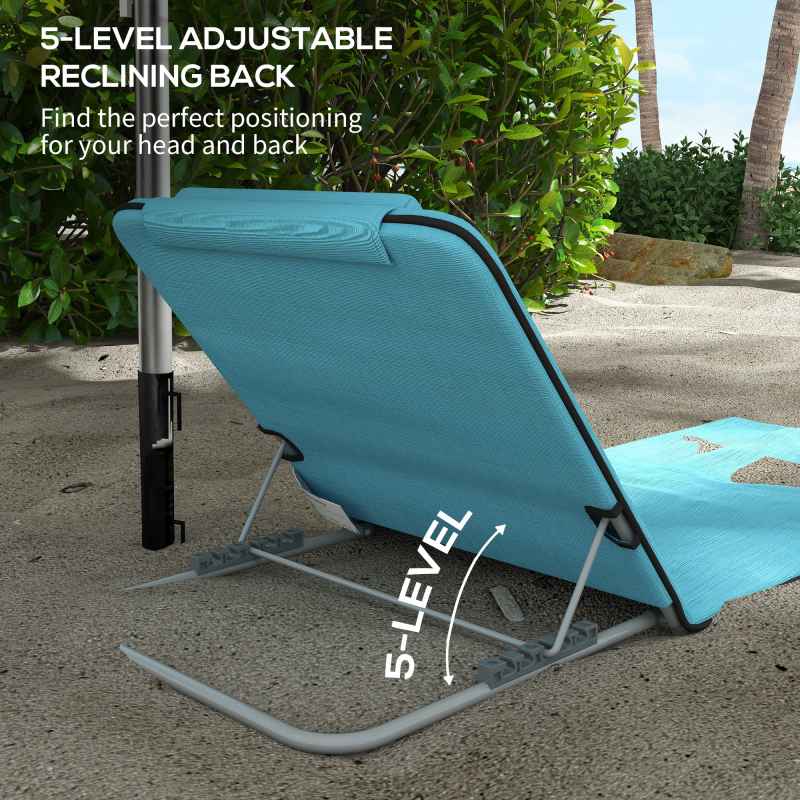 Outsunny Set of 2 Foldable Garden Beach Chair Mat Lightweight Outdoor Sun Lounger Seats Adjustable Back Metal Frame PE Fabric Head Pillow w/ Carry Bag, Light Blue