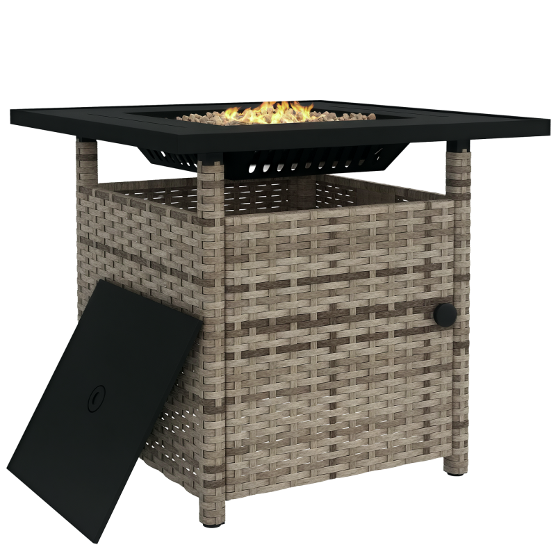 Outsunny Outdoor Rattan Gas Fire Pit Table, 50,000 BTU Square Garden Table with Fire Pit, Rain Cover, Wind Guard, Pulse-Ignition and Volcanic Rock, 72.5 x 72.5 x 67.5 cm, Grey