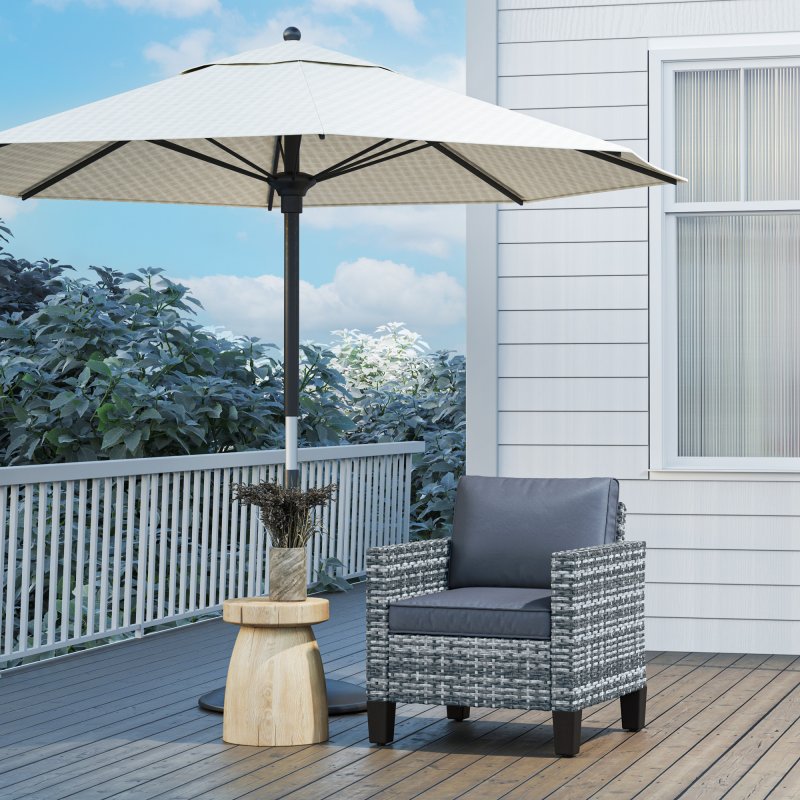 Outsunny Single Seater Rattan Garden Armchair, PE Wicker Rattan Chair with Armrests and Cushions, Garden Chair with Galvanised Steel Frame for Conservatory, Porch, Light Grey