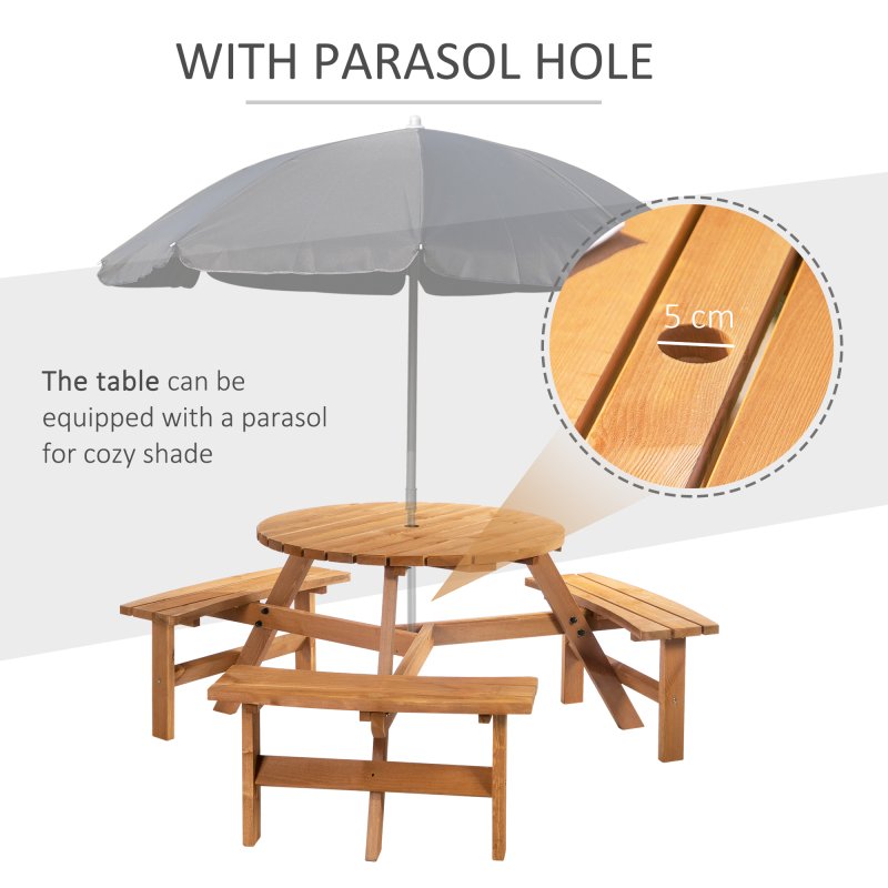 Outsunny 6 Seater Wooden Picnic Table and Garden Benches Set, Round Garden Dining Set with 3 Benches and Umbrella Hole Outdoor Garden Park, Brownish Red