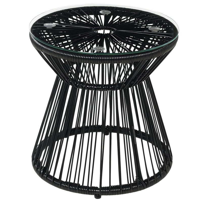 Outsunny Outdoor Coffee Table, Round PE Rattan Side Table with Tempered Glass Table Top, Hollow Drum Design for Garden, Balcony, Patio, Black