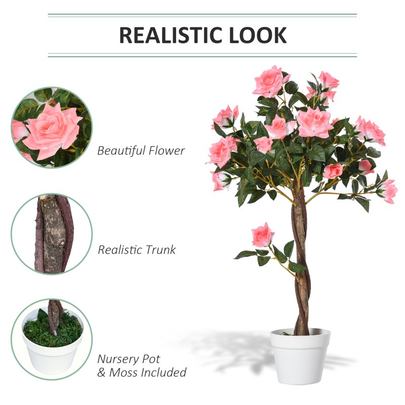 Outsunny 90cm/3FT Artificial Rose Tree, Fake Decorative Plant with Pot, Indoor Outdoor Faux Decoration Home Office Decor, Pink