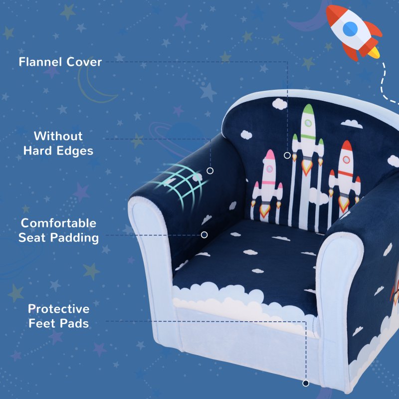 HOMCOM Children's Armchair Flannel Kids Sofa Tub Chair Cartoon Rocket Pattern Wooden Frame Bedroom Playroom Seater Blue