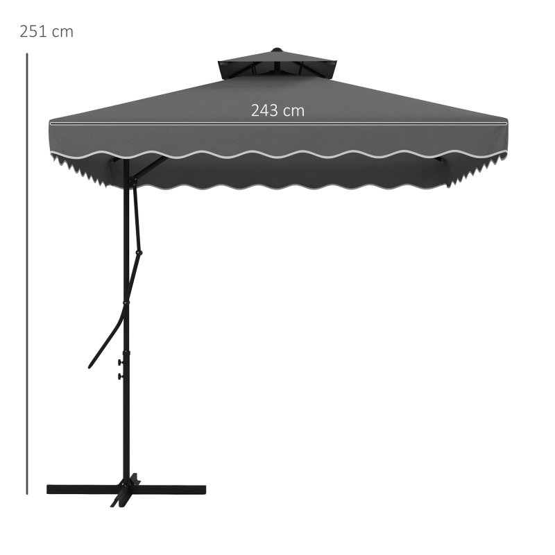 Outsunny 2.5m Cantilever Parasol with Easy Lever, Square Double Top Garden Parasol Umbrella with Ruffles and Cross Base, Overhanging Outdoor Sun Shades, Dark Grey