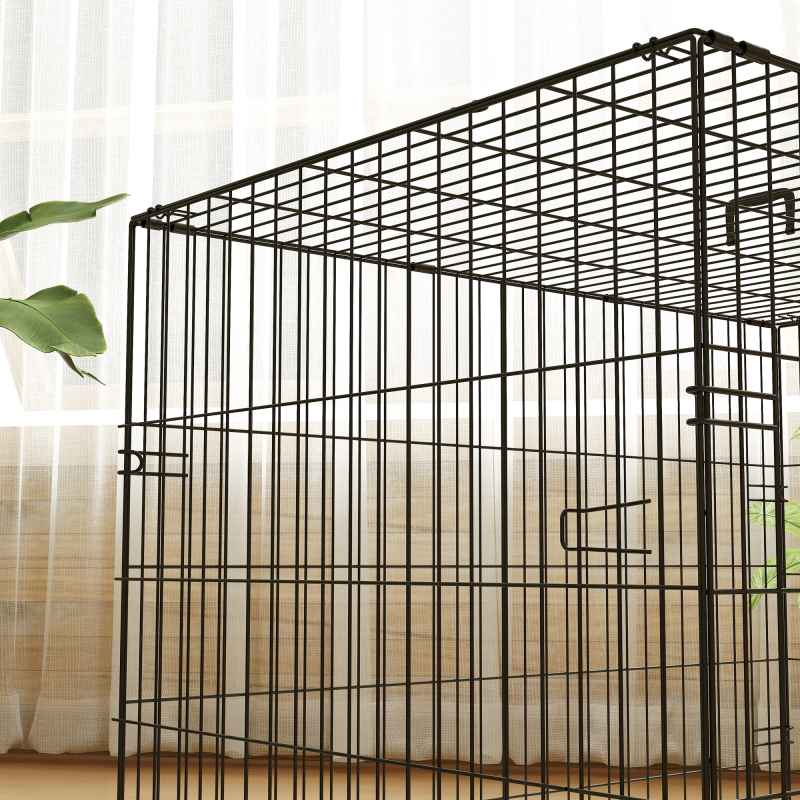 PawHut Dog Crate, Folding Metal Dog Cage with Two Doors, Tray, Soft Cushion, for Large Dogs, 91 x 62 x 68 cm, Black