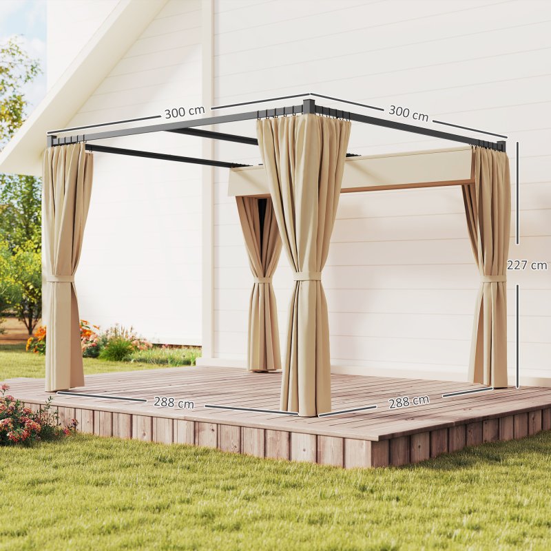 Outsunny 3 x 3(m) Pergola with Retractable Roof Canopy and Curtains, Metal Frame Garden Gazebo Outdoor Sun Shade Shelter for Grill, Patio, Deck, Beige