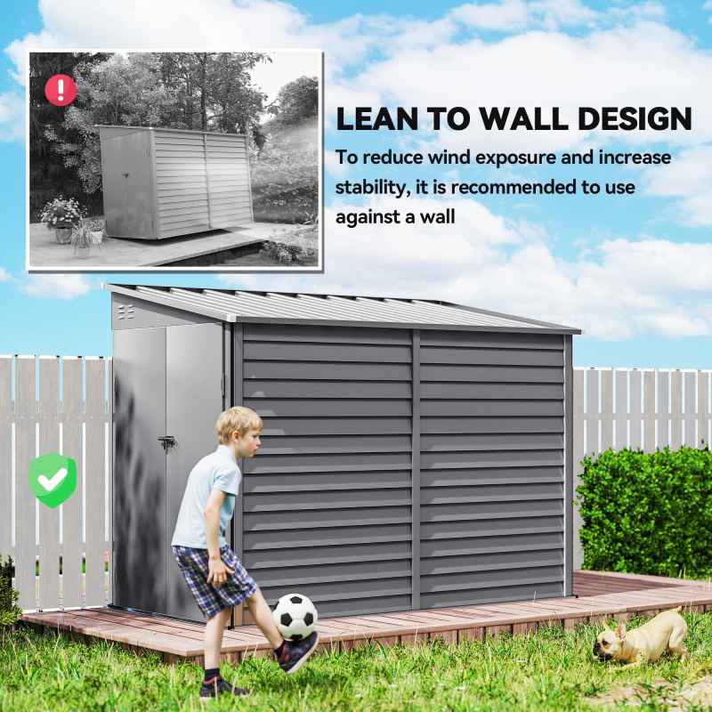 Outsunny 5 x 9ft Galvanised Metal Garden Shed with Foundation Kit, Outdoor Lean-to Shed, Tool Storage House with Lockable Doors, Gloves and 2 Air Vents for Patio, Garden, Grey