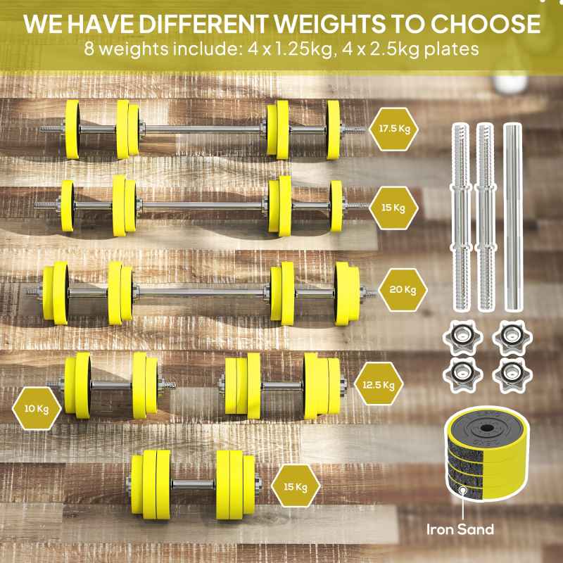 HOMCOM 20KGS 2-In-1 Dumbbell & Barbell Adjustable Set Strength Muscle Exercise Fitness Plate Bar Clamp Rod Home Gym Sports Area, Yellow