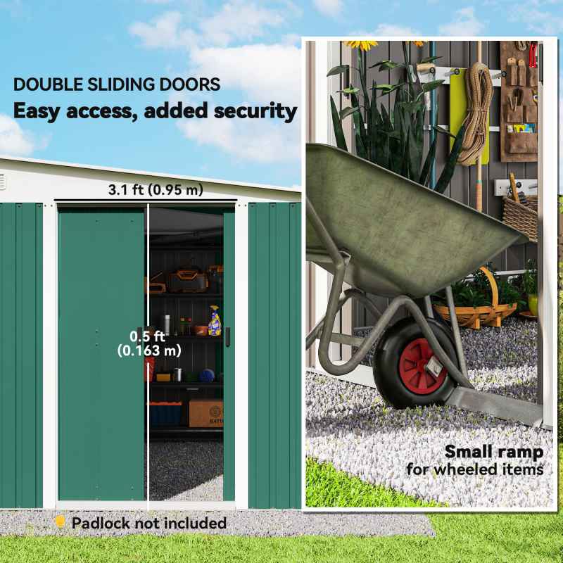 Outsunny 11.3 x 9.2ft Lean to Metal Garden Shed, Outdoor Galvanised Tool Storage House with Double Sliding Doors and 2 Air Vents, Green