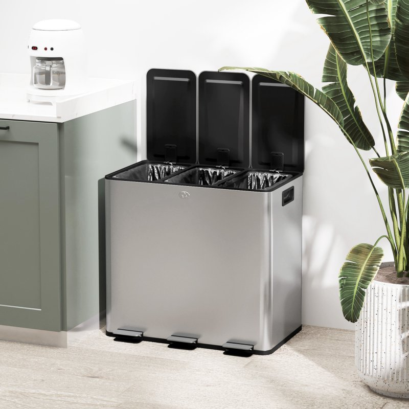 HOMCOM Triple Kitchen Bin, 3 x 15L Pedal Bin, Stainless Steel Three Rubbish Bin with Removable Inner Buckets, Soft Close Lid, Fingerprint-Proof for Recycling and Waste