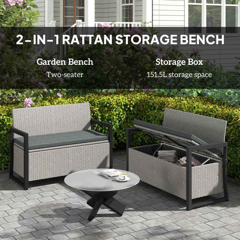 Outsunny Garden Storage Bench with 151.5L Capacity, Inner Bag, 2 Seater PE Rattan Outdoor Garden Bench with Storage, Cushion, Wicker Outdoor Bench Loveseat for Patio, Grey