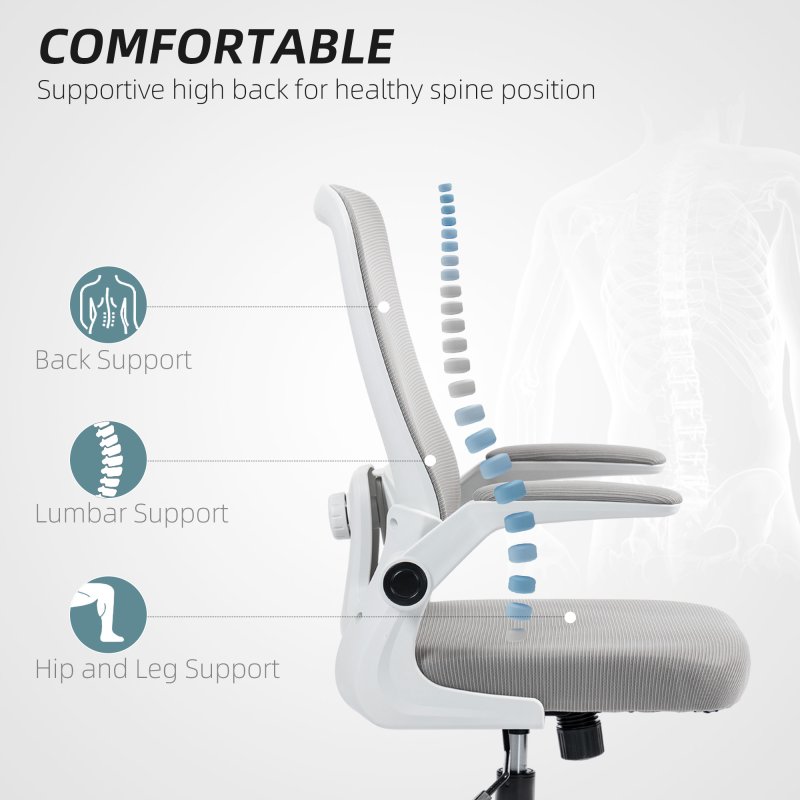 HOMCOM Executive Office Chair, Ergonomic Mesh High Back Desk Chair with Flip-up Armrest, Adjustable Lumbar Support, Grey