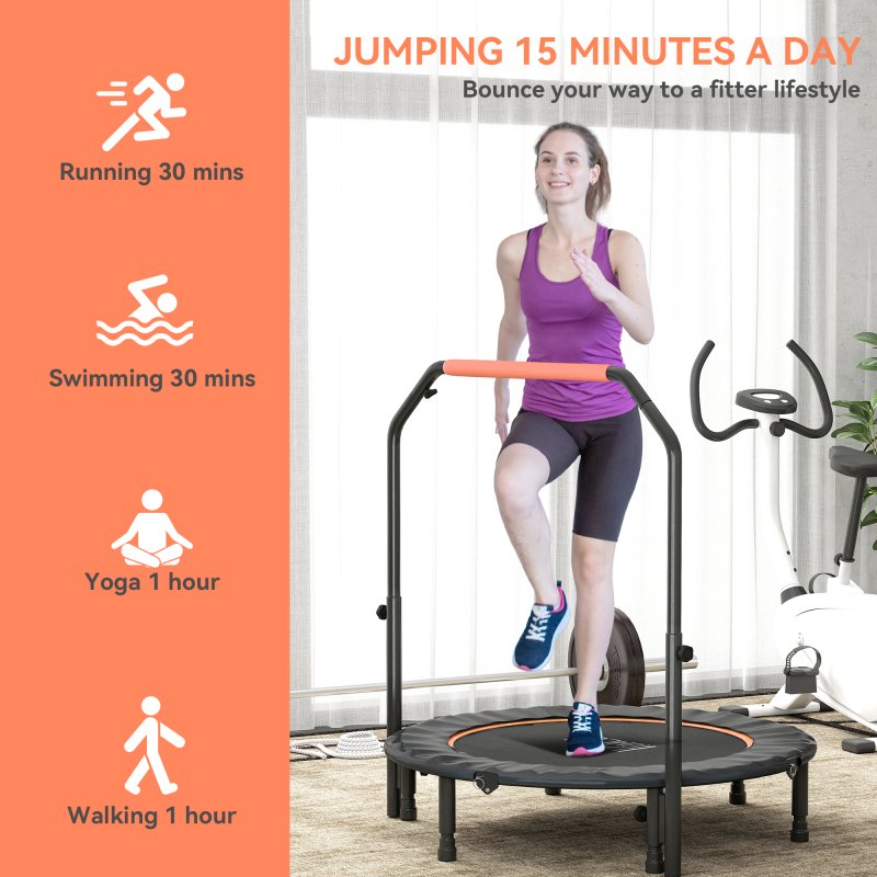 HOMCOM 45" Foldable Mini Trampoline Fitness Trampoline Rebounder for Adults with Adjustable Foam Handle, for Indoors, Outdoors, Cardio Training, Orange