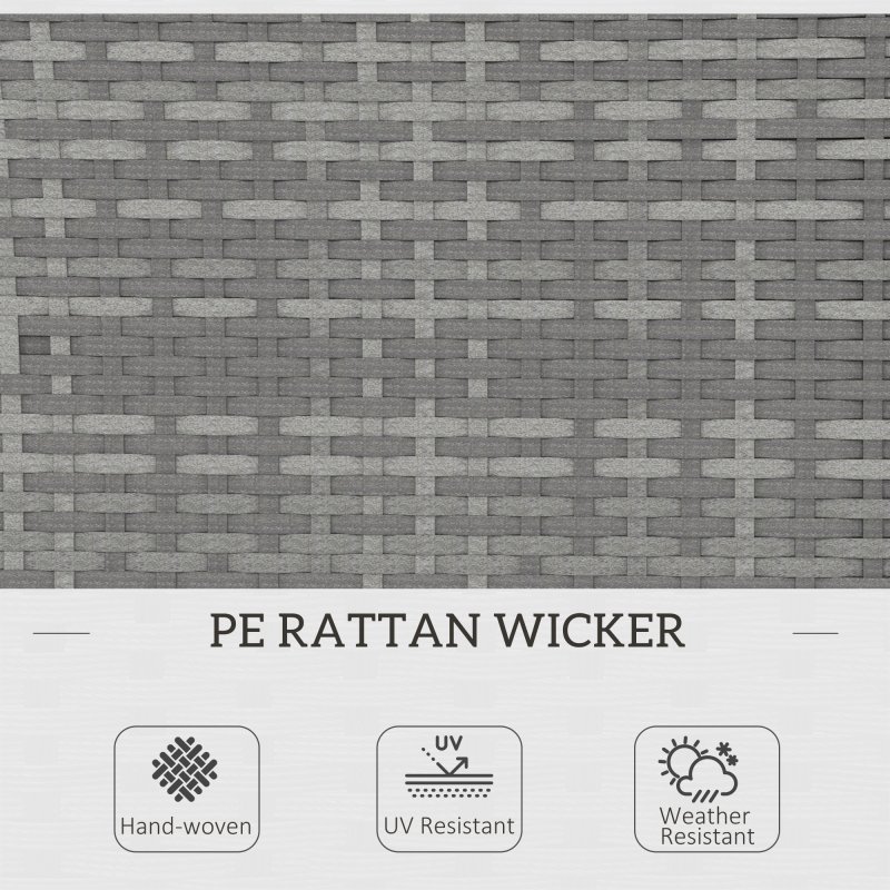 Outsunny 2 Seat Rattan Garden Bench, Patio Wicker Chair with Acacia Wood Top Middle Table, Outdoor PE Rattan Love Seat with Padded Cushions, Decorative Handrails, Grey