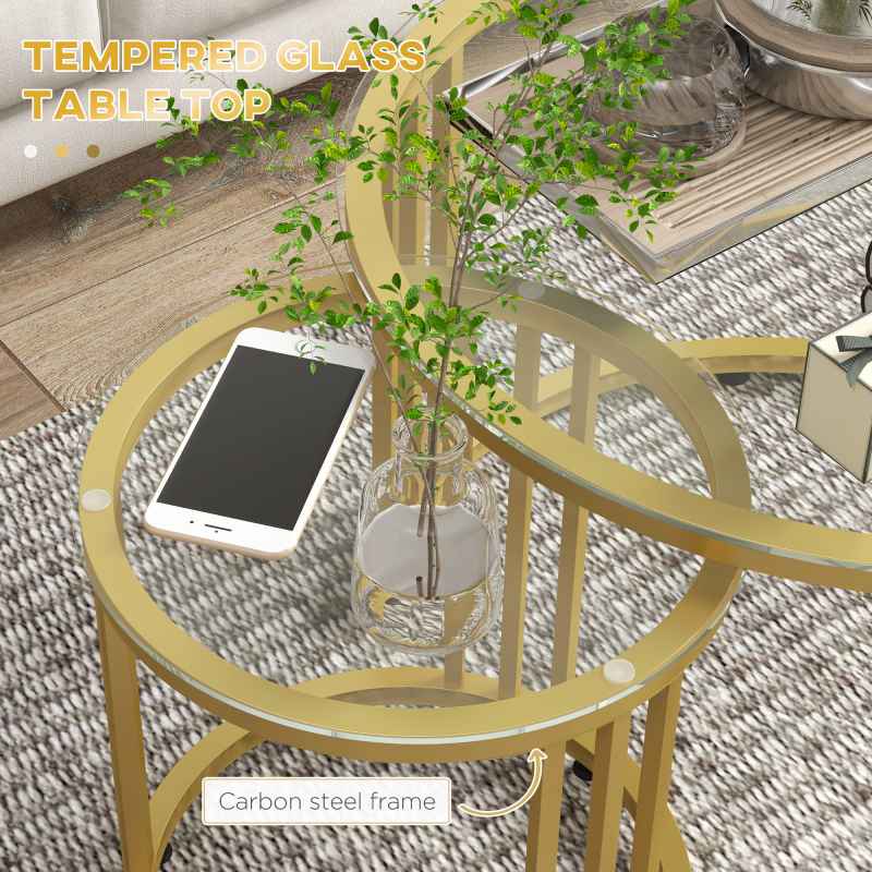 HOMCOM Nest of Tables, Round Coffee Tables Set of 2 with Tempered Glass Top and Steel Frame for Living Room, Gold Tone