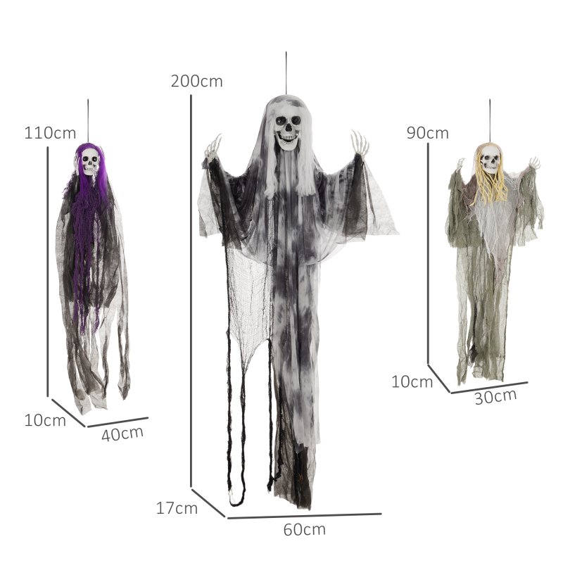HOMCOM Life Size Hanging Skeleton Halloween Decorations, Set of 3 Scary Flying Ghost with Adjustable Arms for Haunted House, Garden, Party, 90/110/170cm
