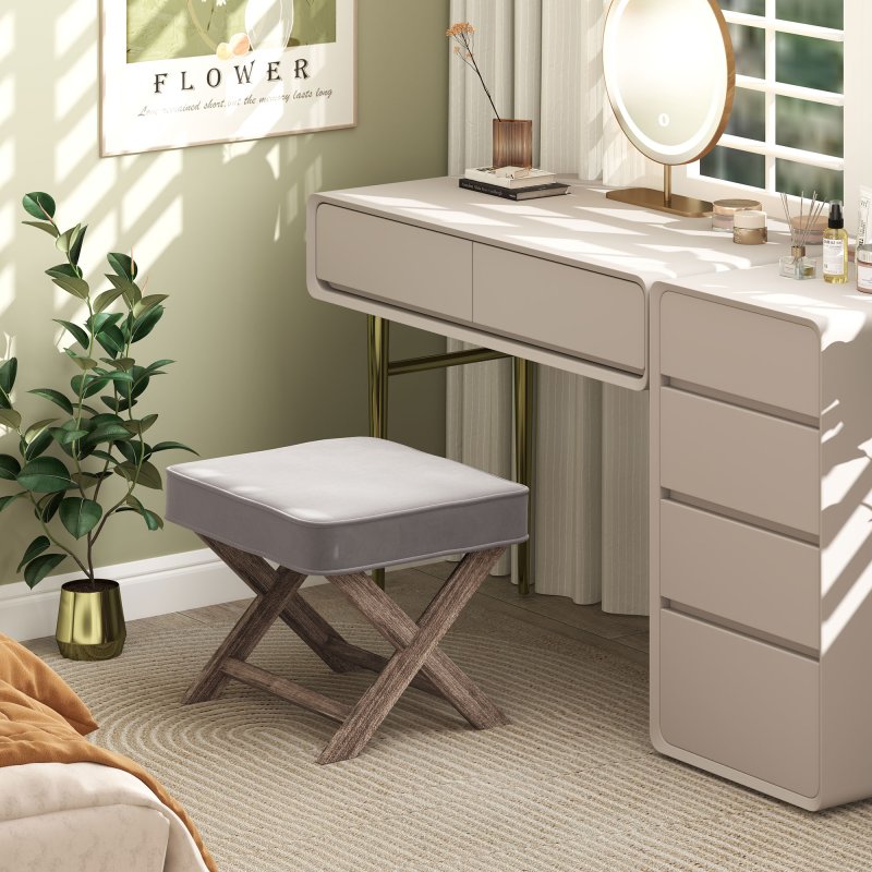 HOMCOM Vintage Footstool Padded Seat X Leg Chair Velvet Cover Shabby Chic Footrest Solid Rubber Wood Frame 49.5 x 45 x 41 cm Grey