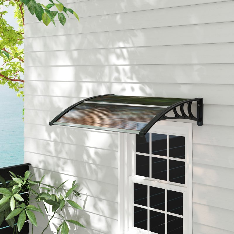 Outsunny Front Door Canopy Outdoor Awning Aluminium Rigid Plastic Polycarbonate Rain Shelter UV Water Rain Resistant 100 x 75cm Brown