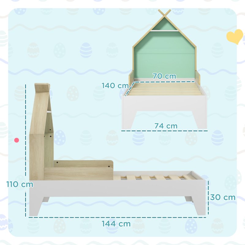 AIYAPLAY Toddler Bed Frame, Kids Bedroom Furniture, Treehouse Style Single Bed Frame with Safety Guardrails, 144L x 74W x 110Hcm, for Ages 3-8 Years, Green