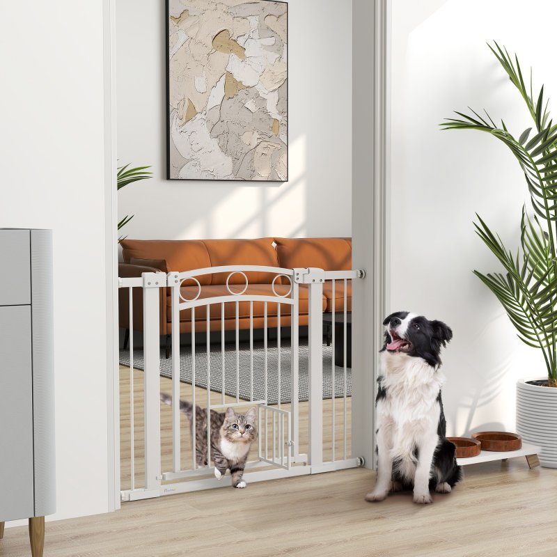 PawHut Stair Gate, 77cm Extra Tall Dog Gate with Adjustable Width, 76-104cm Pressure Fit Safety Gate with Cat Door, 7cm and 14cm Extensions, for Stairs, Doorways, Easy Installation, White