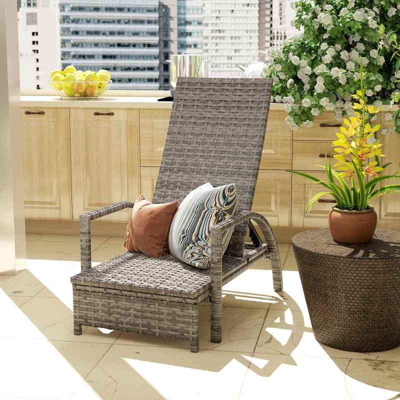 Outsunny PE Rattan Sun Lounger, Garden Lounger with 4-Level Adjustable Backrest, Outdoor Sunbed with Retractable Footrest for Balcony, Beach, Patio, Mixed-grey