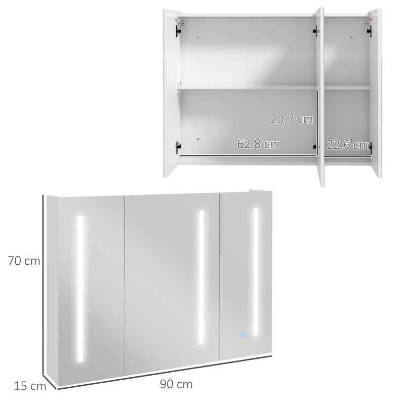 kleankin LED Lighted Bathroom Mirror Cabinet, Wall Mounted Bathroom Storage Cupboard with USB Charge, Adjustable Shelf, 90W x 15D x 70Hcm, High Gloss White
