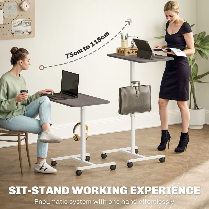 HOMCOM Height Adjustable Standing Desk, Pneumatic Sit Stand Desk for Laptop, Mobile Overbed Table with Wheels and Headphone Hook for Home Office