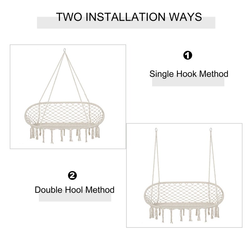 Outsunny 2-Seater Hanging Hammock Chair, Cotton-Polyester Blend Macrame Hanging Rope Chair with Metal Frame, for Patio, Garden, Balcony, Living Room, Cream White
