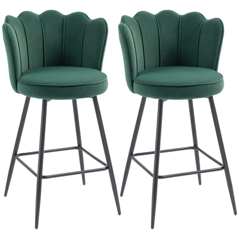 HOMCOM Bar Stools Set of 2, Modern Velvet-Feel Barstools with Petal Backrest and Footrest, Upholstered Breakfast Bar Chairs with Metal Legs for Kitchen Island Counter, Dining Room, Dark Green