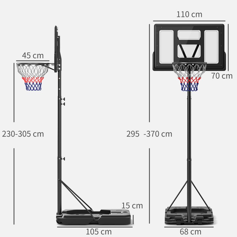 SPORTNOW Basketball Hoop Outdoor, Basketball Hoop and Stand with 10-Level Adjustable Height, Weighted Base, Portable on Wheels, 2.3-3.05m, for Teens, Adults