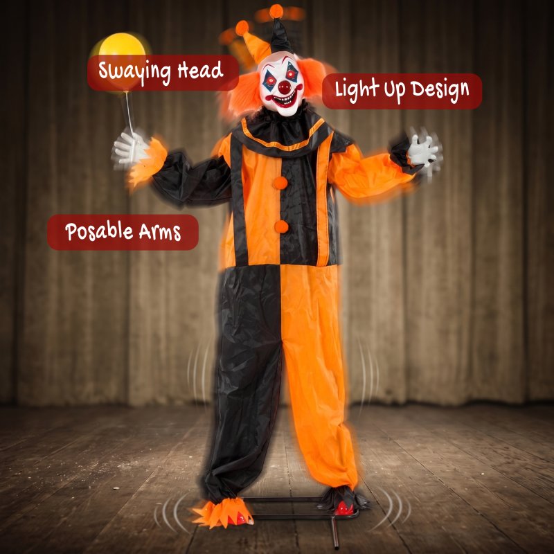 HOMCOM 190cm Life Size Animated Clown Halloween Decorations Outdoor Indoor, Scary Halloween Animatronics Decor with Sound Touch Activated, Red Light Up Eyes, Animated Prop for Haunted House Garden