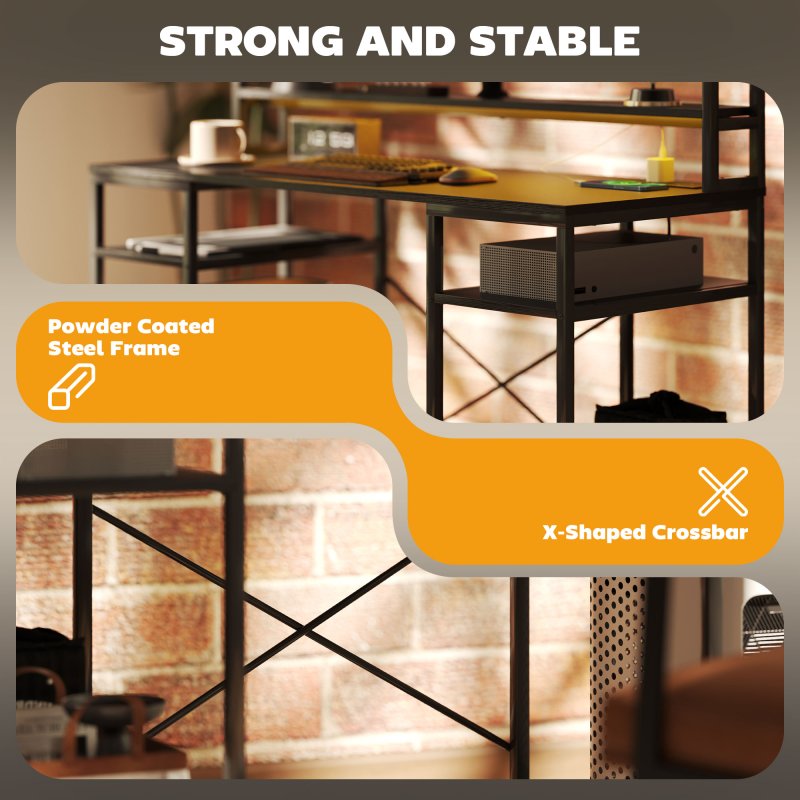 HOMCOM Computer Desk with Power Outlets and LED Lights, Home Office Desk with Monitor Stand, 2 CPU Stands and Storage Shelves, Study Table Gaming Desk with Hutch, Black