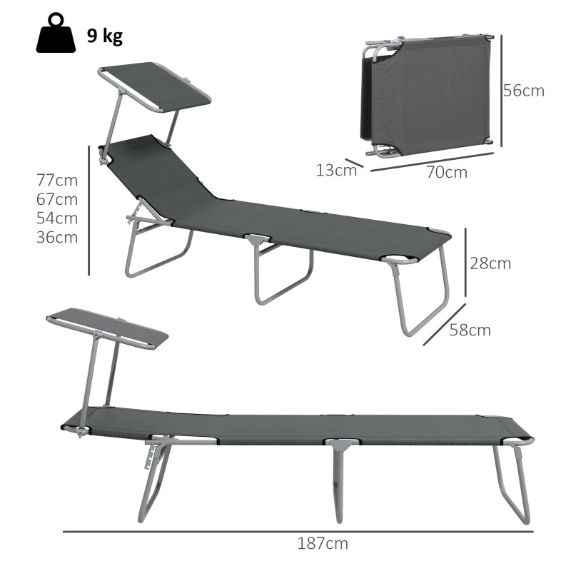 Outsunny Outdoor Foldable Sun Lounger Set of 2, 4 Level Adjustable Backrest Reclining Sun Lounger Chair with Angle Adjust Sun Shade Awning for Beach, Garden, Patio, Grey