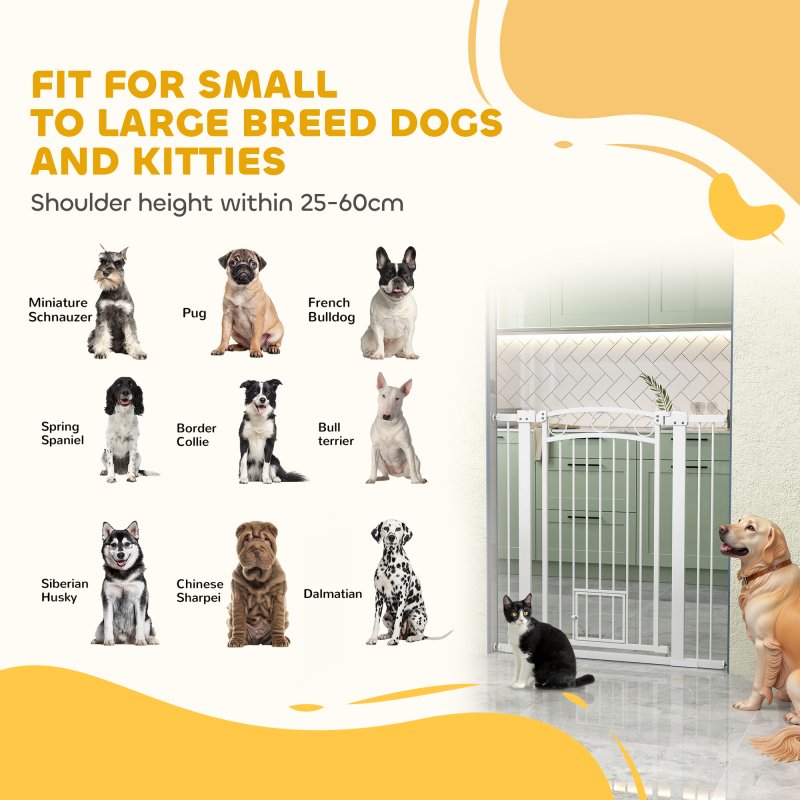 PawHut Dog Stair Gate 106cm Extra Tall Height, 76-104cm Adjustable Width Pressure Fit Safety Gate With Cat Door, 7cm and 14cm Extensions for Stairs, Doorways, Easy Installation, White