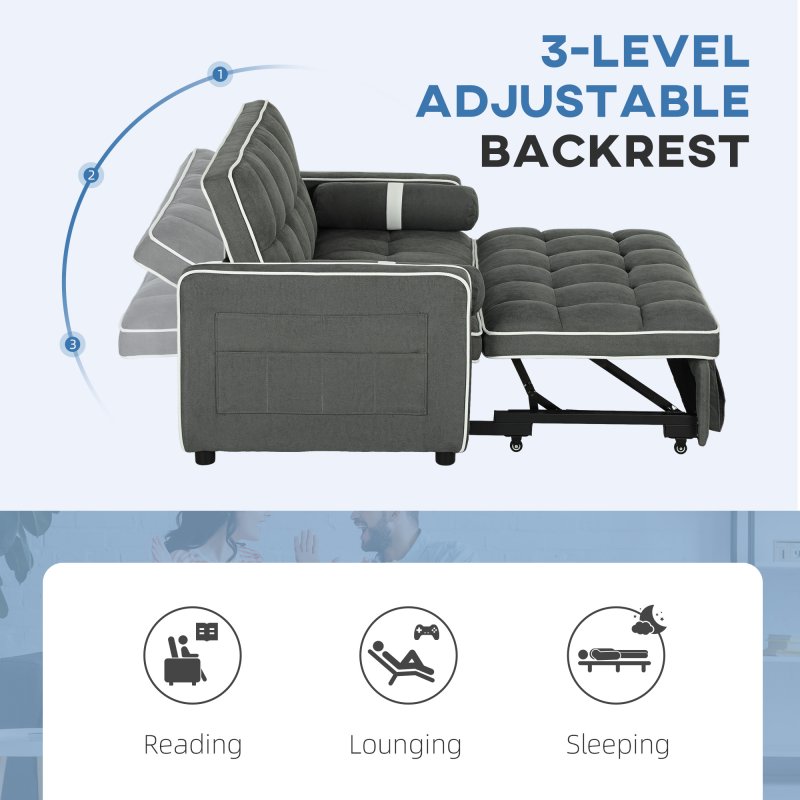 HOMCOM 2 Seater Sofa Bed, Click Clack Pull Out Sofa Bed with Adjustable Backrest and Pillows, 3-in-1 Modern Tufted Settee for Living Room, Bedroom, Guest Room, Charcoal Grey