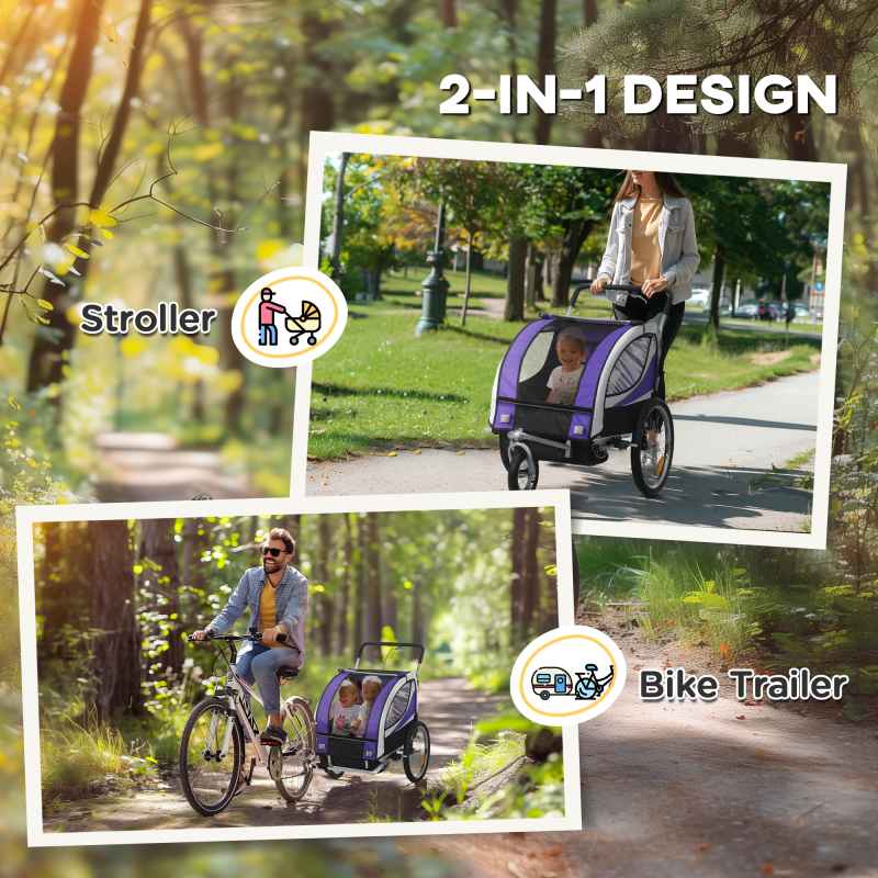 HOMCOM Child Bike Trailer, Baby Bicycle Trailer for 2 Kids with 5 Point Harness, Steel Frame, Reflectors, Safety Flag, Hitch Coupler, Purple