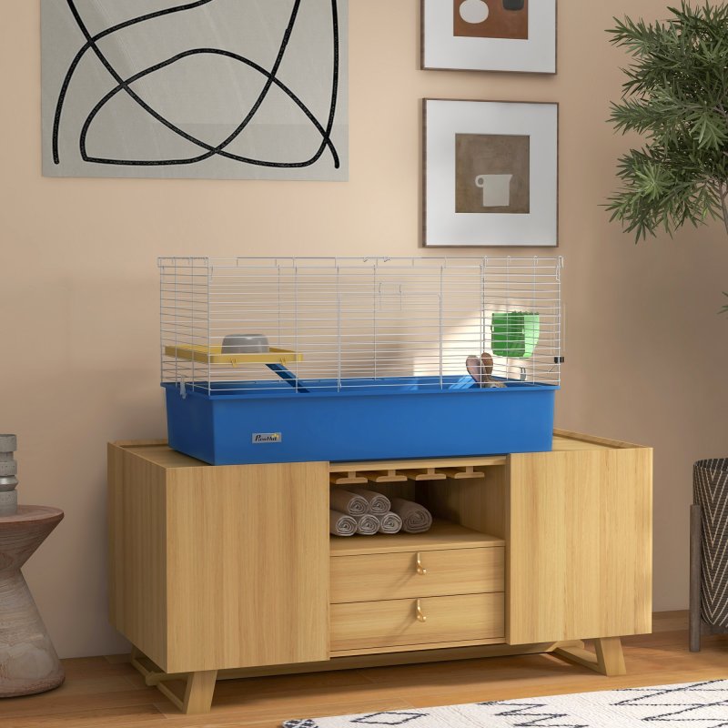 PawHut Guinea Pig Cage Chinchillas Rabbit Small Animal Cage with Ramp, Dish, Water Bottle, 99 x 52 x 53cm, Blue
