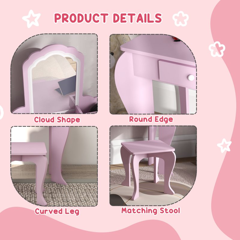 ZONEKIZ Kids Dressing Table, Kids Vanity Table, Girls Dressing Table with Mirror, Stool, Drawer, Storage Boxes, Cloud Design, for Ages 3-6 Years - Pink