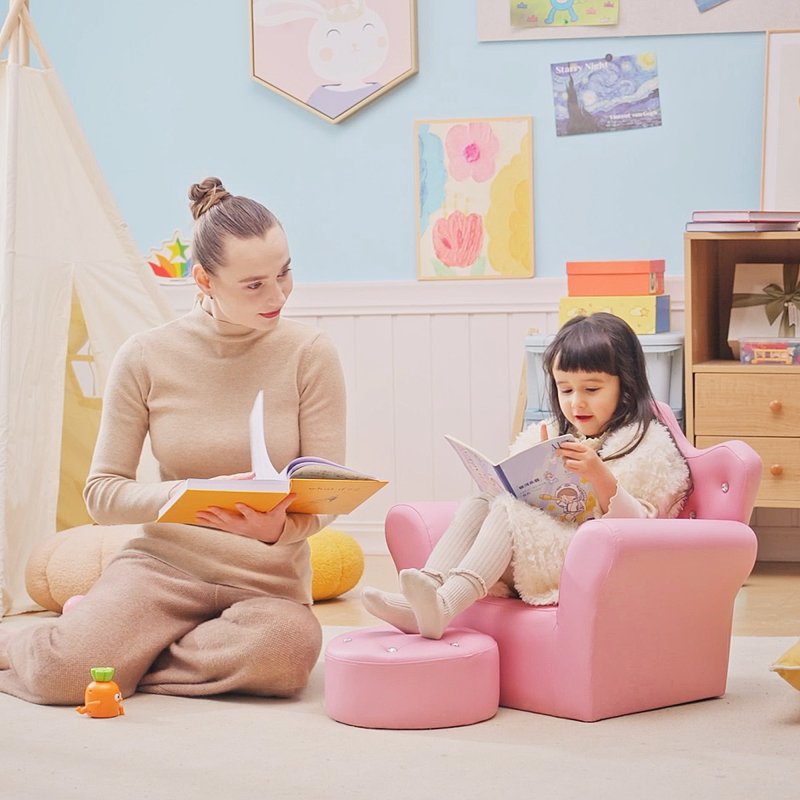 HOMCOM Kids Armchair Toddler Chair Sofa Set with Free Footstool Pink