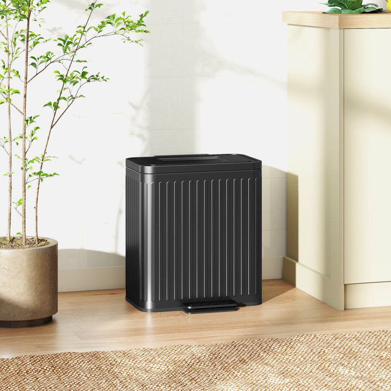 HOMCOM Dual Kitchen Bin, 2 x 20L Double Bin for Recycling and Waste, Fingerprint-proof Pedal Bin with Soft-Close Lid, Removable Inner Buckets