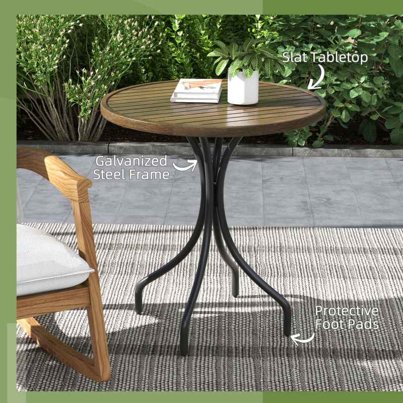 Outsunny 66cm Garden Side Table, Round Bistro Coffee Table, Outdoor Patio Table with Steel Frame and Slat Tabletop for Balcony and Porch, Brown Wood Grain