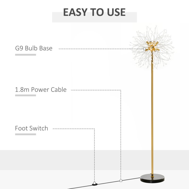 HOMCOM Floor Lamp, Crystal Fireworks Standing Lamp, Metal Golden Pole Tree Lighting with Foot Switch, 8 Lights, G9 Bulb Base, for Living Room, Bedroom