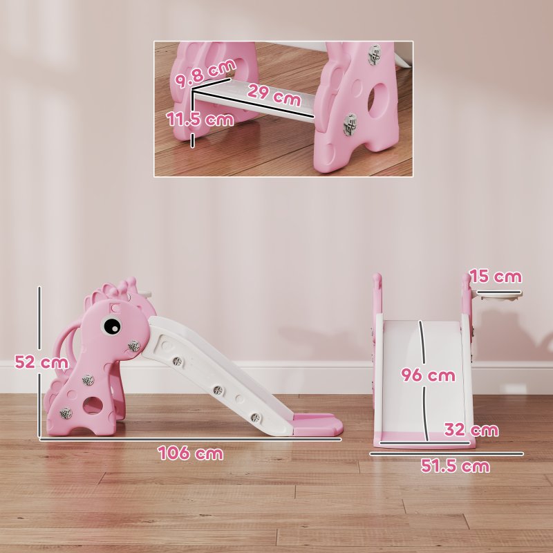 AIYAPLAY 3 in 1 Kids Slide, Giraffe Shape Toddler Slide with Climber, Basketball Hoop and Ball, Indoor Playground Equipment for Age 1-3, Pink