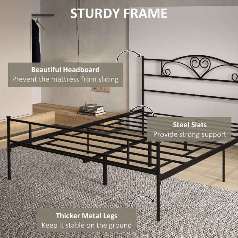 HOMCOM 5ft4 King Metal Bed Frame, Steel Bed Base with Headboard and Footboard, 31cm Under-bed Storage Space and Metal Slat Support for Bedroom, 165 x 211cm, Black