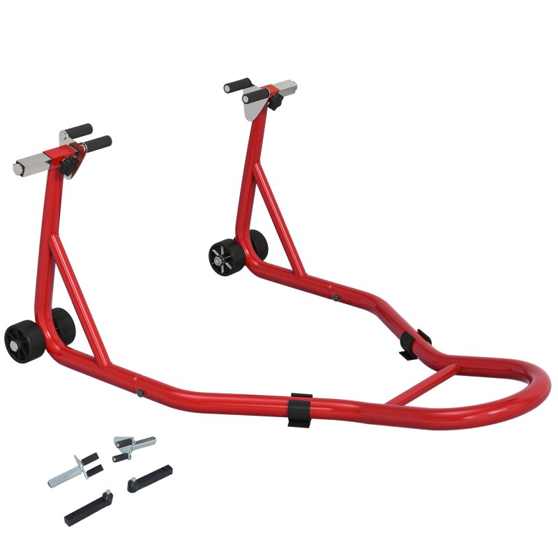 HOMCOM Front Motorcycle Paddock Stand Motorbike Stand with Anti-Slip Mat, U-Shaped and L-Shaped Adapters, 200 kg Capacity, for 18", 17" and 10" Tyre, Red