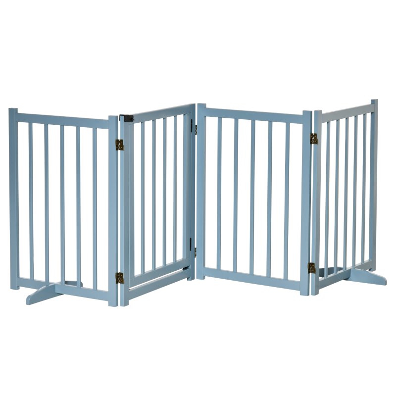 PawHut Wooden Dog Gate, Dog Fence Indoor, 80 cm Tall Freestanding Pet Gate for Small and Medium Dogs with 4 Panels, 2 Support Feet, Blue-Grey
