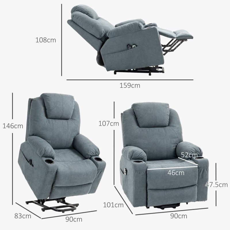 HOMCOM Riser and Recliner Chair for the Elderly, Quick Assembly, Fabric Overstuffed Lift Chair with Vibration Massage and Heat, Remote Control, Side Pockets, Cup Holders, Pocket Spring, Charcoal Grey