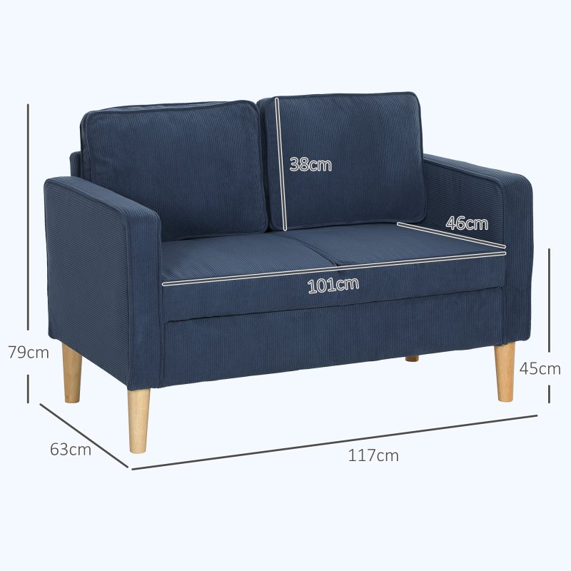 HOMCOM 2 Seater Sofa with Storage, Compact Loveseat Sofa with Solid Wood Legs, Corduroy Small sofa Settee for Living Room, Bedroom, Home Office, 117 x 63 x 79cm, Blue
