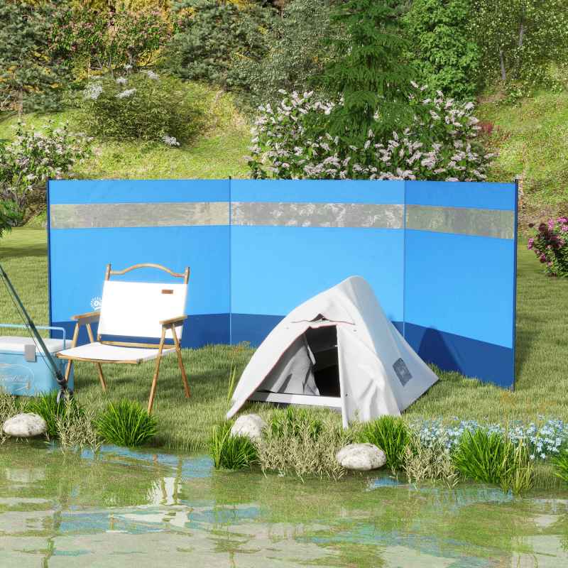 Outsunny Camping Windbreak, 4 Pole Windbreaker Blocker with Clear Windows, Carry Bag and Steel Poles, for Beach Caravan Campervan, 440 x 140cm, Blue
